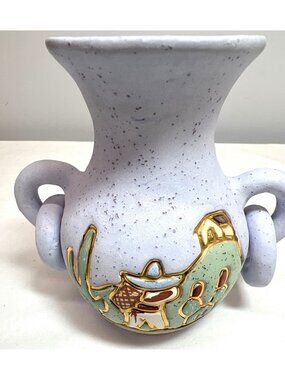 Vintage Handmade Ceramic Vase With Southwestern Design Dual Handles & Speckled F